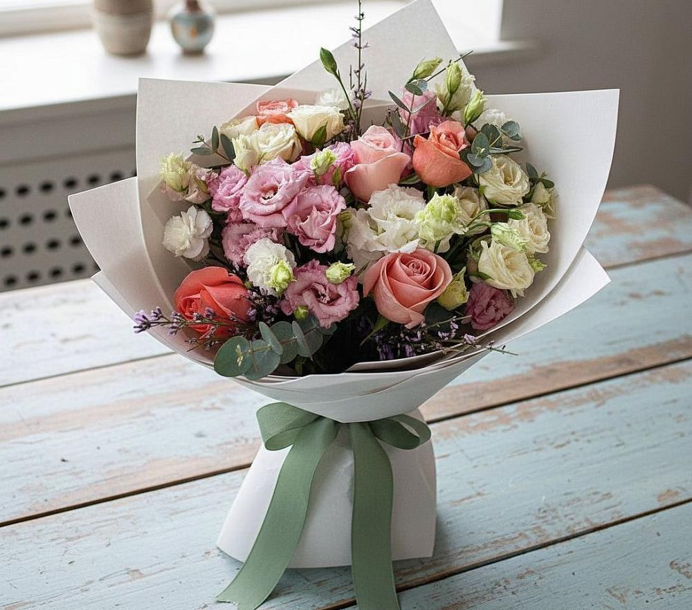 Букет цветов из: Розы, Лизиантусы и Гвоздики в Калачинске