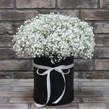 Цветочная композиция из Гипсофила в шляпной коробке в Калачинске